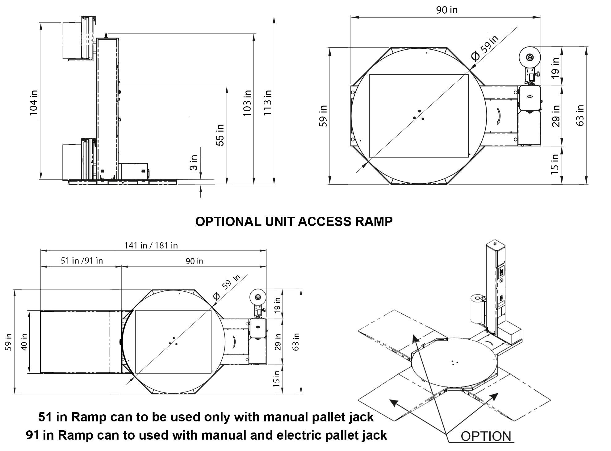 AZIMUTH 3001 Low Profile Pallet Wrapper Dimensions